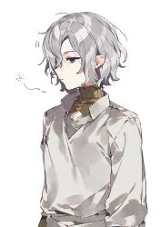 Rule 34 | 1boy, black eyes, collared shirt, cowboy shot, dungeon meshi, elf, expressionless, from side, grey hair, highres, ierotak, male focus, mithrun, notched ear, pointy ears, shirt, short hair, simple background, solo, standing, white background, white shirt
