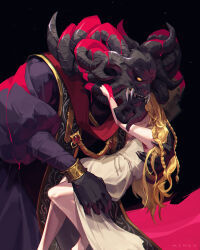 Rule 34 | 2boys, artist name, black nails, black robe, blonde hair, blood, blood on hands, bracelet, braid, clothing request, commentary request, dress, elden ring, fingernails, gem, gold, highres, horns, jewelry, jiro (ninetysix), long fingernails, long hair, long sleeves, miquella (elden ring), mohg lord of blood, monster, multiple boys, one-eyed, puffy long sleeves, puffy sleeves, red gemstone, robe, sharp fingernails, sharp teeth, teeth, very long hair, white dress, yellow eyes