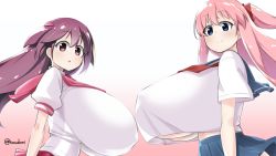 Rule 34 | 2girls, breasts, covered erect nipples, gigantic breasts, haramura nodoka, highres, maya yukiko, multiple girls, saki (manga), school uniform, toudori, underboob