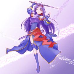 Rule 34 | 1girl, ahoge, armor, bare shoulders, boots, breastplate, covered navel, dated, detached sleeves, fingerless gloves, full body, gloves, hairband, holding, holding sword, holding weapon, knee boots, long hair, no-ppo, one eye closed, purple hair, red hairband, sheath, signature, skirt, smile, solo, standing, standing on one leg, sword, sword art online, v, weapon, yuuki (sao)