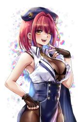 Rule 34 | 1girl, heterochromia, highres, hololive, houshou marine, houshou marine (businesswoman), looking at viewer, maroonabyss, official alternate costume, one eye closed, open mouth, red hair, simple background, smile, solo, virtual youtuber, yellow eyes