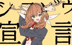 Rule 34 | 1girl, :3, antlers, black jacket, bow, breasts, brown hair, christmas, christmas ornaments, cleavage, girls&#039; frontline, goodbye sengen (vocaloid), green eyes, hair ornament, hair over shoulder, hair ribbon, horns, howa type 89 (girls&#039; frontline), jacket, long hair, looking at viewer, medium breasts, navel, open clothes, open mouth, parody, red bow, reindeer antlers, ribbon, simple background, snowman, snowman hair ornament, solo, twintails, vocaloid, yellow background