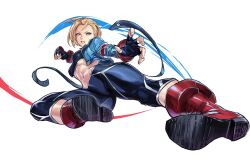 Rule 34 | 1girl, blonde hair, blue eyes, boots, breasts, cammy white, clenched teeth, commentary, cropped jacket, facial scar, fingerless gloves, fingernails, full body, gloves, jacket, juaag acgy, kicking, medium breasts, midriff, navel, open clothes, open jacket, pants, parted lips, red footwear, scar, scar on cheek, scar on face, short hair, simple background, skin tight, stomach, street fighter, street fighter 6, tank top, teeth, white background, yoga pants