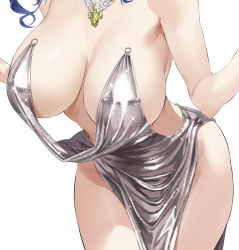 Rule 34 | 1girl, azur lane, backless dress, backless outfit, bare shoulders, blue hair, breasts, center opening, cleavage, dress, evening gown, halter dress, halterneck, head out of frame, highres, hiiragi yuuichi, jewelry, large breasts, leaning forward, necklace, official alternate costume, plunging neckline, revealing clothes, sidelocks, silver dress, simple background, solo, st. louis (azur lane), st. louis (luxurious wheels) (azur lane), thighs, undressing, white background