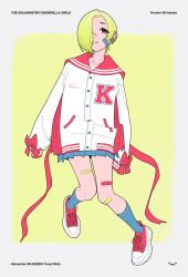 Rule 34 | 1girl, acubi tomaranai, alexander mcqueen (brand), artist logo, bandaid, bandaid on face, bandaid on knee, bandaid on leg, blonde hair, blue skirt, blue socks, buttons, character name, copyright name, ear piercing, english text, fashion, full body, hair over one eye, highres, idolmaster, idolmaster cinderella girls, jacket, looking at viewer, miniskirt, orange hair, parted bangs, parted lips, piercing, pleated skirt, product placement, sailor collar, shirasaka koume, shoes, skirt, sleeves past fingers, sleeves past wrists, sneakers, socks, solo