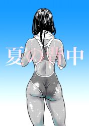 Rule 34 | 1girl, ass, between buttocks, blue background, commentary request, competition swimsuit, cowboy shot, dark-skinned female, dark skin, facing away, from behind, gradient background, greyscale with colored background, hands up, long hair, mada tetsukazu, monochrome, one-piece swimsuit, original, shiny clothes, shiny skin, solo, swimsuit, toned, towel, towel around neck, wet, wet hair