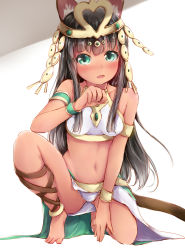Rule 34 | 1girl, animal ears, armlet, bare shoulders, barefoot, bastet (p&amp;d), black hair, blush, breasts, cat ears, cat tail, dark skin, dark-skinned female, fang, gold, green eyes, heart, heart-shaped pupils, highres, hime cut, long hair, looking at viewer, navel, on one knee, open mouth, puzzle &amp; dragons, sidelocks, silver (chenwen), solo, symbol-shaped pupils, tail, tiara