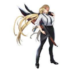 Rule 34 | 1girl, black bow, black jacket, black necktie, black pants, blonde hair, bow, braid, breasts, closed mouth, collared shirt, full body, gangster, green eyes, gun, hair bow, highres, holding, holding clothes, holding gun, holding jacket, holding weapon, huge breasts, jacket, unworn jacket, kloah, last origin, legs apart, lips, long hair, looking at viewer, mafia, necktie, nymph (last origin), official alternate costume, official art, oxfords, pants, pinstripe jacket, pinstripe pants, pinstripe pattern, shirt, simple background, sleeves rolled up, smile, solo, standing, striped, submachine gun, suspenders, tachi-e, taut clothes, taut shirt, third-party source, thompson submachine gun, transparent background, weapon, white shirt