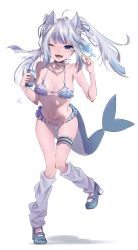 Rule 34 | 1girl, absurdres, ahoge, animal ears, bikini, blue eyes, breasts, breasts apart, cat ears, collarbone, drink, fins, fish tail, frilled bikini, frills, gawr gura, gluteal fold, high heels, highres, hololive, hololive english, jewelry, kneehighs, knees together feet apart, leaning forward, long hair, looking at viewer, loose socks, navel, necklace, one eye closed, open mouth, shark, shark girl, shark tail, sharp teeth, simple background, small breasts, smile, socks, standing, standing on one leg, swimsuit, tail, teeth, thigh gap, thigh strap, tsurime, uzaro5656, virtual youtuber, water, white background, white hair