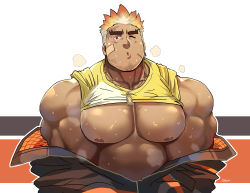 Rule 34 | 1boy, :o, bandaid, bandaid on cheek, bandaid on face, bara, bare pectorals, bare shoulders, beard, belt, black jacket, blouse, clothes lift, dark-skinned male, dark skin, dog tags, facial hair, forked eyebrows, goatee, jacket, jacket partially removed, jewelry, male focus, multicolored clothes, multicolored hair, multicolored jacket, muscular, muscular male, necklace, orange hair, orange jacket, partially unzipped, pectorals, red eyes, rybiok, scar, scar on face, shirt, shirt lift, smile, solo, steaming body, sweat, thick eyebrows, tokyo houkago summoners, two-tone hair, two-tone jacket, ulaanbaatar (housamo), upper body, white hair, yellow shirt