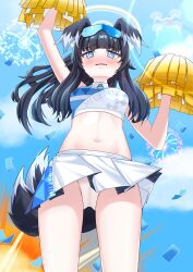 Rule 34 | 1girl, absurdres, aerial fireworks, animal ears, arm up, armpits, black hair, blue archive, blue eyes, blue sky, blunt bangs, blurry, blush, breasts, cheerleader, choker, cleavage, cloud, cloudy sky, commentary request, confetti, depth of field, detached collar, dog ears, dog girl, dog tail, drone, embarrassed, explosion, eyewear on head, facial tattoo, fireworks, from below, halo, hibiki (blue archive), hibiki (cheer squad) (blue archive), highres, holding, holding pom poms, jojyo, long hair, looking at viewer, medium breasts, millennium cheerleader outfit (blue archive), navel, official alternate costume, panties, pantyshot, pleated skirt, pom pom (cheerleading), pom poms, ponytail, sidelocks, skirt, sky, sleeveless, solo, star tattoo, stomach, sunglasses, sunlight, tail, tattoo, underwear, white panties