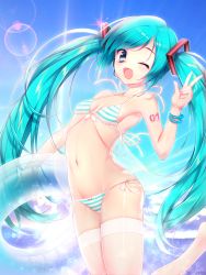 Rule 34 | 1girl, aqua eyes, aqua hair, bikini, bracelet, breasts, day, fang, hatsune miku, headset, highres, hitomilook, innertube, jewelry, lens flare, long hair, looking at viewer, navel, one eye closed, open mouth, outdoors, side-tie bikini bottom, small breasts, solo, striped bikini, striped clothes, swim ring, swimsuit, thighhighs, twintails, v, very long hair, vocaloid