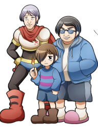 3boys armor black_bodysuit black_eyes black_hair blue_hoodie blue_shirt bodysuit boots breastplate brown_footwear brown_hair cape chargeman_ken! closed_mouth commentary_request cosplay fire frisk_(undertale) frisk_(undertale)_(cosplay) frown full_body grey_hair grey_shorts grin hair_between_eyes hair_over_one_eye highres holding_matchstick hood hood_down hoodie kmiy_(chargeman_ken!) kusaremix long_bangs looking_at_viewer male_focus multiple_boys open_clothes open_hoodie papyrus_(undertale) papyrus_(undertale)_(cosplay) pink_footwear red_cape sans_(undertale) sans_(undertale)_(cosplay) shirt short_hair shorts simple_background slippers smile sunglasses undertale white_background white_shirt yuichi_(chargeman_ken!)