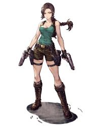 Rule 34 | 1girl, backpack, bag, belt, braid, braided ponytail, breasts, brown footwear, brown hair, cleavage, dual wielding, final fantasy, final fantasy brave exvius, full body, gun, handgun, highres, holding, holster, lara croft, looking at viewer, official art, ryuji ohara, short shorts, shorts, simple background, solo, square enix, standing, tank top, thigh strap, third-party source, tomb raider, war of the visions: final fantasy brave exvius, weapon