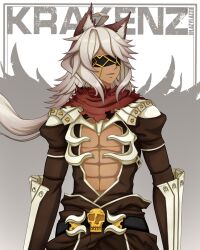 Rule 34 | 1boy, abs, ahoge, animal ears, armor, assassin cross (ragnarok online), black blindfold, blindfold, brown cape, brown pants, brown shirt, cape, chain, commentary, cowboy shot, english commentary, expressionless, fox boy, fox ears, grey hair, highres, lazzi, long hair, looking to the side, male focus, medium bangs, messy hair, open clothes, open mouth, open shirt, pants, pauldrons, ragnarok online, red scarf, scarf, shirt, shoulder armor, skull, solo, tan, torn clothes, torn scarf, vambraces, waist cape