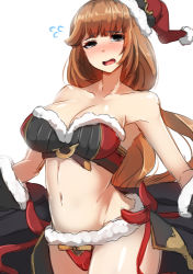 Rule 34 | 10s, 1girl, :o, armpits, backlighting, bandeau, bare shoulders, bikini, black bikini, black eyes, blush, bow, breasts, brown hair, cameltoe, christmas, cleavage, collarbone, commentary request, cowboy shot, flying sweatdrops, from side, fur trim, gloves, granblue fantasy, half-closed eyes, hat, head tilt, hip focus, large breasts, long hair, looking at viewer, lowres, mismatched bikini, navel, nose blush, open mouth, promethea (granblue fantasy), raised eyebrows, red bikini, santa hat, showgirl skirt, simple background, skirt, solo, standing, stomach, strapless, strapless bikini, swimsuit, tenken (gotannda), very long hair, wavy mouth, white background