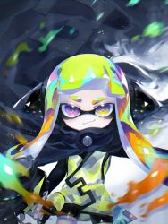 Rule 34 | 1girl, agent 3 (splatoon), artist request, bad source, black cape, black shorts, blonde hair, cape, closed mouth, gun, headgear, holding, holding gun, holding weapon, inkling player character, jacket, long hair, long sleeves, looking at viewer, nintendo, orange hair, purple eyes, short shorts, shorts, smile, solo, splatoon (series), standing, tentacle hair, upper body, weapon, yellow eyes, yellow jacket