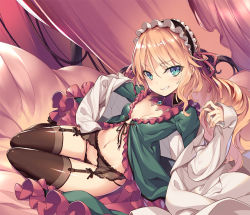 Rule 34 | 1girl, black panties, blonde hair, blush, bow, breasts, character request, copyright request, dress, garter belt, garter straps, green dress, green eyes, hair bow, hair ornament, kikuchi seiji, long hair, long sleeves, looking at viewer, maid headdress, navel, no bra, on bed, original, panties, revealing clothes, small breasts, smile, stomach, stomach day, thighhighs, underwear