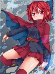 Rule 34 | 1girl, belt, black shirt, blue bow, boots, bow, cape, eyebrows, hair between eyes, hair bow, long sleeves, looking at viewer, miniskirt, outstretched arm, over-kneehighs, red eyes, red hair, red skirt, red thighhighs, sekibanki, serious, shirt, short hair, skirt, solo, thighhighs, touhou, uumaru1869
