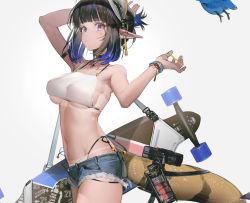 Rule 34 | 1girl, arknights, arm up, bare arms, bare shoulders, bikini, bikini bottom only, black hair, blue eyes, breasts, chinese commentary, commentary request, cowboy shot, crop top, cutoffs, denim, denim shorts, eunectes (arknights), eunectes (forgemaster) (arknights), grey background, hand up, high priest (arknights), large breasts, liduke, looking at viewer, medium breasts, midriff, navel, official alternate costume, pointy ears, short hair, shorts, simple background, skateboard, snake tail, solo, standing, stomach, swimsuit, tail, underboob
