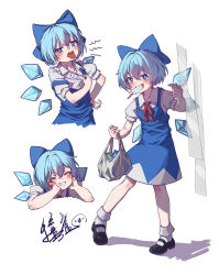 Rule 34 | 1girl, absurdres, black footwear, blue bow, blue dress, blue eyes, blue hair, blush, bow, cirno, collared shirt, detached wings, dress, fairy, food, hair between eyes, hair bow, highres, ice, ice wings, mouth hold, multiple views, open mouth, pinafore dress, popsicle, puffy short sleeves, puffy sleeves, rangque (user vjjs4748), shirt, shoes, short hair, short sleeves, simple background, sleeveless, sleeveless dress, smile, socks, touhou, white background, white shirt, white socks, wings