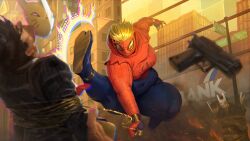 Rule 34 | 1boy, 1girl, 2023, absurdres, blonde hair, blue pants, breasts, building, city, cityscape, emberwickart, fat, formal, gun, highres, kicking, knockout, marvel, mask, medium breasts, original, pants, red mask, red suit, restrained, rope, spider-man (series), spider-verse, suit, weapon