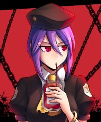 Rule 34 | 1girl, beret, blood, blood bag, braid, brown vest, chain, collared shirt, commission, dootmoon, drinking blood, eltnum, hair between eyes, hat, highres, jewelry, long hair, melty blood, puffy short sleeves, puffy sleeves, purple hair, red background, red eyes, shirt, short sleeves, single braid, sion eltnam atlasia, sion tatari, solo, tsukihime, vampire, vest, wing collar