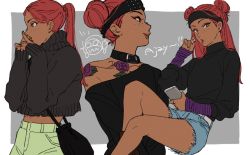 Rule 34 | 1girl, 2gou, apex legends, bad id, bad tumblr id, belt, cellphone, chest tattoo, covered mouth, dark-skinned female, dark skin, denim, denim shorts, double bun, freckles, grey sweater, hair bun, highres, holding, holding phone, lifeline (apex legends), looking ahead, looking down, medium hair, multiple views, off shoulder, own hands together, phone, ponytail, puckered lips, red hair, shorts, smartphone, sweater, tattoo, turtleneck, turtleneck sweater, white belt