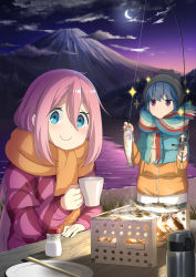 Rule 34 | 2girls, absurdres, animal, camping, closed mouth, coat, cooking, cup, fish, fishing, fishing line, fishing rod, highres, holding, holding animal, holding fish, holding fishing rod, kagamihara nadeshiko, kuromasu, lake, light blush, looking at viewer, mount fuji, mountain, mug, multiple girls, night, night sky, outdoors, scarf, shima rin, sky, smile, upper body, winter clothes, yurucamp