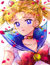 Rule 34 | 1girl, bishoujo senshi sailor moon, blonde hair, blue eyes, blue sailor collar, bow, brooch, choker, collarbone, crescent, crescent earrings, crescent facial mark, double bun, earrings, expressionless, facial mark, forehead mark, glowing, hair bun, hoshikuzu (milkyway792), jewelry, long hair, looking at viewer, magical girl, parted lips, petals, red bow, red neckwear, sailor collar, sailor moon, sailor senshi uniform, signature, simple background, solo, tsukino usagi, twintails, upper body, white background