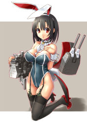 Rule 34 | 10s, 1girl, adapted costume, alternate costume, animal ears, ascot, bare shoulders, black hair, black thighhighs, blush, breasts, cannon, cleavage, covered navel, cuffs, detached collar, fake animal ears, female focus, full body, garter straps, hand on own chest, high heels, kantai collection, katahira masashi, large breasts, leotard, playboy bunny, rabbit ears, red eyes, short hair, simple background, solo, takao (kancolle), thighhighs, wrist cuffs