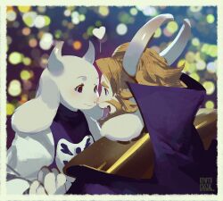 Rule 34 | 1boy, 1girl, animal ears, artist name, asgore dreemurr, beard, blonde hair, blue eyes, blurry, bokeh, border, depth of field, eye contact, face-to-face, facial hair, fang, from side, furry, furry female, furry male, goat boy, goat ears, goat girl, goat horns, hand to hand, heart, high collar, highres, horns, husband and wife, looking at another, murayama ryota, noses touching, open mouth, short hair, signature, smile, toriel, undertale, upper body, yellow border