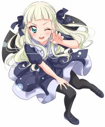 Rule 34 | &gt;:d, 1girl, :d, aikatsu!, aikatsu! (series), aqua eyes, bat wings, black pantyhose, blonde hair, blue dress, blue footwear, blunt bangs, blush, claw pose, dress, fang, from above, full body, hair ornament, hand on lap, highres, looking at viewer, looking up, mary janes, one eye closed, open mouth, pantyhose, puffy short sleeves, puffy sleeves, sekina, shoes, short sleeves, simple background, smile, solo, todo yurika, v-shaped eyebrows, white background, wings