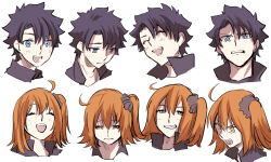 Rule 34 | 1boy, 1girl, :d, ahoge, angry, black hair, black scrunchie, blue eyes, clenched teeth, closed eyes, closed mouth, depressed, expressions, fate/grand order, fate (series), fujimaru ritsuka (female), fujimaru ritsuka (male), hair ornament, hair scrunchie, happy, looking at viewer, metarogu, multiple views, one side up, open mouth, orange hair, portrait, pout, scrunchie, short hair, simple background, smile, smug, teeth, upper teeth only, white background, yellow eyes