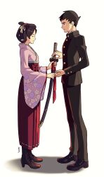 Rule 34 | 1boy, 1girl, ace attorney, bangs pinned back, black hair, black jacket, black pants, boots, brown footwear, buttons, closed eyes, closed mouth, from side, full body, giving, hair ornament, hair ribbon, hair rings, hakama, hakama skirt, hallo-byby, holding, jacket, japanese clothes, katana, kimono, long sleeves, looking at another, pants, pink kimono, red skirt, ribbon, ryunosuke naruhodo, shoes, short hair, simple background, skirt, standing, susato mikotoba, sword, the great ace attorney, updo, weapon, white background, wide sleeves, yellow ribbon