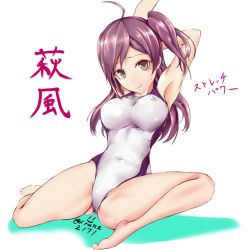 Rule 34 | 10s, 1girl, ahoge, bad id, bad pixiv id, brown eyes, competition swimsuit, franz (217franz), hagikaze (kancolle), kantai collection, long hair, one-piece swimsuit, plantar flexion, purple hair, side ponytail, sitting, solo, stretching, swimsuit