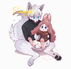 Rule 34 | 1boy, 1girl, :o, animal ears, artist name, black sweater, blue eyes, book, bow, bowtie, full body, furry, furry female, furry male, grey fur, highres, holding, holding book, hua hua de meme, long hair, on floor, open book, original, pink hair, rabbit ears, rabbit girl, reading, red bow, red bowtie, sample watermark, short hair, sitting, sweater, tail, turtleneck, turtleneck sweater, watermark, white background, white hair, wolf boy, wolf ears, wolf tail