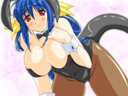 Rule 34 | animal ears, arc system works, blue hair, blush, bow, breasts, cleavage, cuffs, dizzy (guilty gear), fake animal ears, guilty gear, hair bow, huge breasts, leotard, long hair, pantyhose, playboy bunny, rabbit ears, racco, red eyes, solo, tail