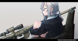 Rule 34 | 1girl, anti-materiel rifle, black gloves, black skirt, bolt action, brown jacket, chair, cheytac m200, chromatic aberration, closed mouth, collared shirt, dress shirt, from side, girls&#039; frontline, gloves, grey background, gun, hair tie, headphones, headphones around neck, highres, hood, hood down, hooded jacket, hugging own legs, jacket, kuro kosyou, letterboxed, looking afar, low ponytail, m200 (girls&#039; frontline), muzzle device, open clothes, open jacket, pleated skirt, purple eyes, rifle, scope, shirt, sidelocks, silver hair, sitting, skirt, sniper rifle, solo, weapon, white shirt