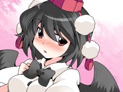 Rule 34 | 1girl, black hair, blush, bow, commentary request, hammer (sunset beach), hat, looking at viewer, red eyes, shameimaru aya, short hair, solo, tokin hat, touhou, upper body, wings