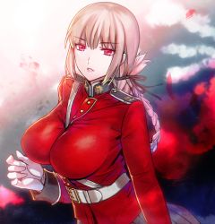 Rule 34 | 1girl, belt, between breasts, braid, breasts, fate/grand order, fate (series), florence nightingale (fate), gloves, large breasts, long hair, looking at viewer, military, military uniform, parted lips, pink hair, red eyes, skirt, solo, strap between breasts, uniform, upper body, white gloves, yurizuka (sergeant heart)