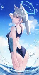 Rule 34 | 1girl, absurdres, animal ear fluff, animal ears, arm at side, ass, backless swimsuit, bare arms, blue archive, blue eyes, blue sky, blush, breasts, bright pupils, competition swimsuit, cross hair ornament, from side, grey hair, hair ornament, half-closed eyes, halo, hand up, highres, looking at viewer, medium breasts, one-piece swimsuit, outdoors, parted lips, ponytail, school swimsuit, shiroko (blue archive), shiroko (swimsuit) (blue archive), sky, solo, splashing, swimsuit, thighs, turning head, two-tone swimsuit, usagi (786113654), wading, water drop, wet