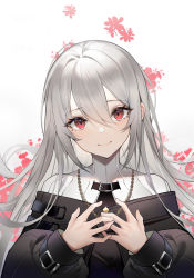 Rule 34 | 1girl, absurdres, arknights, black dress, commentary request, dress, goudaimu, hair between eyes, hands up, head tilt, highres, jewelry, long hair, long sleeves, looking at viewer, necklace, no headwear, partial commentary, red eyes, silver hair, smile, solo, specter (arknights), upper body, white background