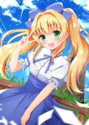 Rule 34 | 1girl, :d, blonde hair, blue bow, blue skirt, blue sky, bow, breasts, cloud, commentary request, day, dress shirt, fence, green eyes, hair between eyes, hair bow, hair ornament, hand up, head tilt, highres, long hair, open mouth, outdoors, puffy short sleeves, puffy sleeves, round teeth, shirt, short sleeves, sidelocks, skirt, sky, small breasts, smile, solo, summer pockets, teeth, tsumugi wenders, twintails, upper teeth only, v, very long hair, white shirt, x hair ornament, ymd (holudoun)