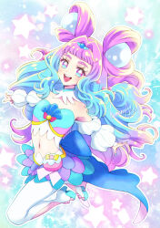 Rule 34 | 1girl, absurdres, artist name, back bow, big hair, blue bow, blue bowtie, blue eyes, blue footwear, blue hair, blunt bangs, bow, bowtie, clothing cutout, coat, cure la mer, detached collar, double bun, eyelash ornament, full body, gradient hair, hair bun, hair intakes, highres, kumona-aka, laura la mer, leggings, legs up, long hair, long sleeves, looking at viewer, magical girl, midriff, miniskirt, multicolored background, multicolored clothes, multicolored eyes, multicolored hair, multicolored skirt, nail polish, navel, off-shoulder shirt, off shoulder, open mouth, outline, outstretched arms, pearl hair ornament, pink eyes, pink hair, pouch, precure, sandals, shirt, signature, skirt, smile, solo, spread arms, star (symbol), starry background, stomach cutout, symbol in eye, tropical-rouge! precure, very long hair, white coat, white leggings, white outline, white shirt