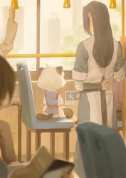 Rule 34 | 2boys, animal ears, black hair, bus, bus interior, cat ears, cat tail, facing away, from behind, hand grip, long hair, low-tied long hair, luo xiaohei, luo xiaohei (human), luo xiaohei zhanji, motor vehicle, multiple boys, short hair, short sleeves, sitting, tail, turdidae, very long hair, white hair, window, wuxian (the legend of luoxiaohei)