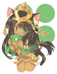 Rule 34 | 1girl, animal ears, bad id, bad pixiv id, bastet (p&amp;d), black hair, blade (galaxist), cat ears, cat tail, cropped legs, dark-skinned female, dark skin, dragon seed, green eyes, jewelry, long hair, lots of jewelry, navel, puzzle &amp; dragons, simple background, solo, tail, white background