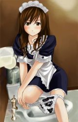 Rule 34 | 1girl, black panties, frilled panties, frills, jpeg artifacts, lace, lace-trimmed panties, lace trim, maid, panties, panty pull, solo, toilet, toilet use, trash can, underwear