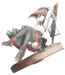 Rule 34 | 10s, 1girl, arms up, bike shorts, blush, bow (weapon), brown eyes, brown hair, crossbow, flat chest, headband, highres, kantai collection, looking at viewer, mobu-312, open mouth, personification, pleated skirt, short hair, skirt, solo, taihou (kancolle), thighhighs, weapon