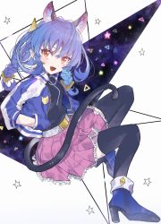 Rule 34 | 1girl, :d, absurdres, amino (li0a4), animal ear fluff, animal ears, belt, black shirt, black thighhighs, blue footwear, blue hair, blue jacket, blush, braid, cat ears, cat tail, frilled skirt, frills, full body, hand in pocket, high heels, highres, huge filesize, jacket, long hair, long sleeves, looking at viewer, low twintails, miniskirt, open clothes, open jacket, open mouth, pink skirt, pleated skirt, precure, shirt, skirt, sky, smile, solo, star (sky), star twinkle precure, starry sky, tail, thighhighs, twin braids, twintails, white background, yellow eyes, yuni (precure), zettai ryouiki